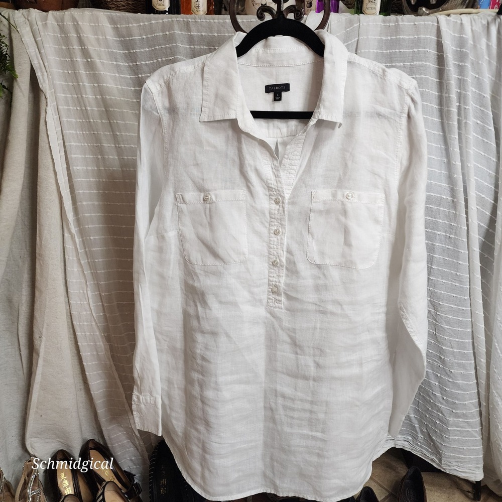 Talbots White 100% Linen Long Sleeve Tunic Blouse Popover Top womens L
